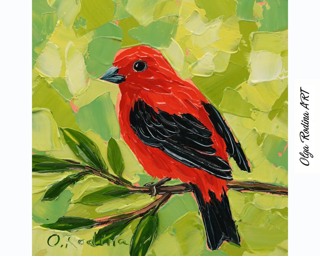 Scarlet Tanager Oil Painting Original, 4x4 Bird Art, Black and Red Bird ...