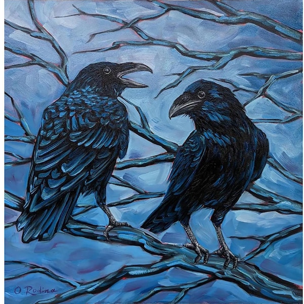 Raven Oil Painting Original on Canvas Two Ravens Art Work 16x16" Square Painting Black Bird Wall Art Huginn and Muninn Art