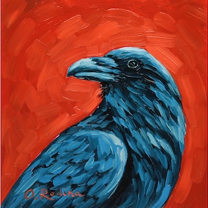 Puede incluir: Un cuervo azul con un ojo negro, pintado de forma estilizada, sobre un fondo rojo. La pintura está firmada "O. Rodina" en la esquina inferior izquierda y "Olga Rodina ART" en la esquina superior derecha.