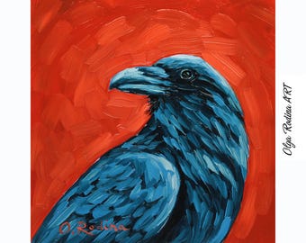 Original Crow Oil Painting on Canvas Black Bird Rawen Artwork