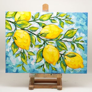 Kitchen Fruit Oil Painting on Canvas Original Lemon Branch Art Lemon Wall Art Palette Knife Art Lemon Decor 12x16 Painting image 3