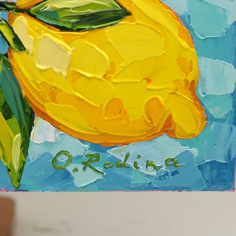 Kitchen Fruit Oil Painting on Canvas Original Lemon Branch Art Lemon Wall Art Palette Knife Art Lemon Decor 12x16 Painting image 2