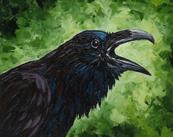 Pintura a óleo original de corvo sobre tela, arte de pássaro preto, formato quadrado para parede.