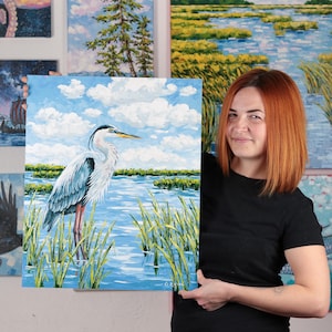Blue Heron in Marshland Original Art - Heron Wall Art - Heron Oil Painting Impasto Marsh Painting - Bird Artwork - Lake House Decor
