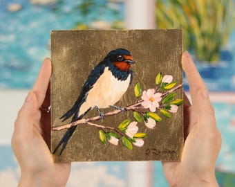 Swallow Oil Painting: Gold Leaf, Cherry Blossom Branch Art