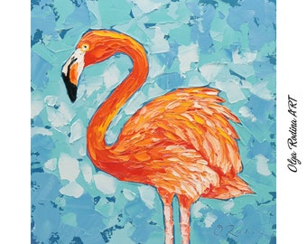 Flamingo Original Oil Painting 8x8" Impasto Orange Flamingo Bird Art Palette Knife Painting Flamingo Wall Art Nature Wildlife Artwork