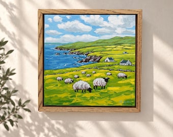 Ireland Landscape Oil Painting Original on Canvas Irish Wall Art Sheep and Cliffs