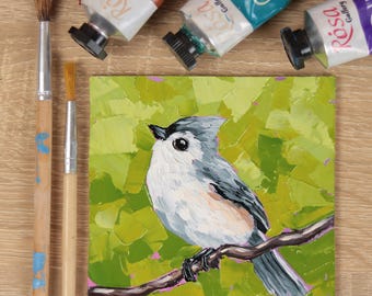 Tufted Titmouse Oil Painting: Impasto Bird Art, 4x4