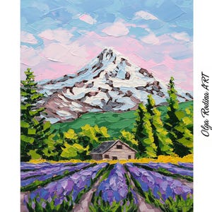 Mt Hood Lavender Fields Landscape Original Oil Painting 8x10&quot; Impasto Art Work Oregon Rocky Mountain Wall Art Gift for Mom