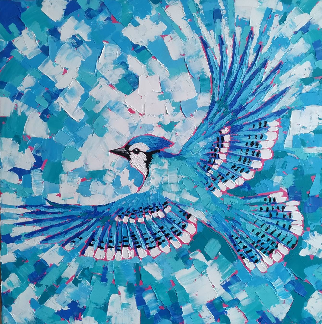 Abstract Flying Blue Jay Painting Palette Knife Blue Jay -  Israel