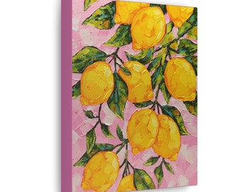 Lemon Art Print Canvas - Lemon Branch Wall Art Prints - Pink Yellow Kitchen Art