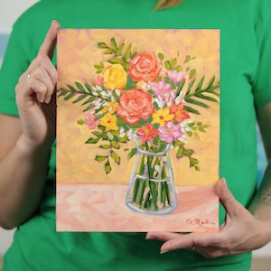 Flower Vase Art Original Floral Oil Painting – Bright Bouquet in a Glass Vase Hand Painted Still Life