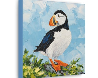 Puffin Bird Print on Canvas - Oil Painting Print Seabird Art Print - Puffin Wall Art