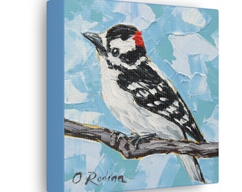 Downy Woodpecker Bird Print on Canvas - Bird Oil Painting Print - Woodpecker Art Print - Bird Canvas Print