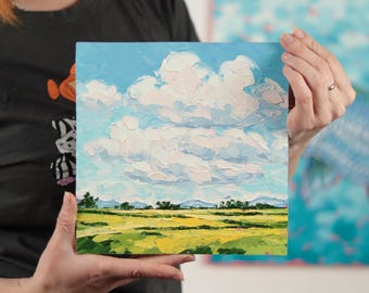 Prairie Sky Cloud Art Square Oil Painting Original  Art 8 x 8 Landscape Painting Small Wall Art Natural Scenery Oil Painting Textured Art