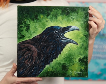 Raven Original Oil Painting on Canvas Crow Painting Original Raven Head Painting Black Bird Art 8x8 Square Wall Art