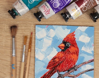Red Cardinal Painting Original Small Bird Painting Cardinal Oil Painting 4x4 Oil Painting Bird Art Work Red Cardinal Art