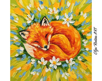 Cute Fox Small Oil Painting 6x6 Fox Art Original Sleeping Fox Cub in Flower Wall Art Animal Painting