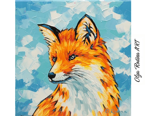 Fox Oil Painting: Original Portrait on Blue Canvas (8x8