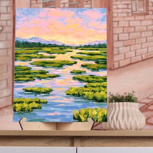 Original Ölgemälde: Salz Marsh Sonnenuntergang Landschaft - Impasto Küstenkunst