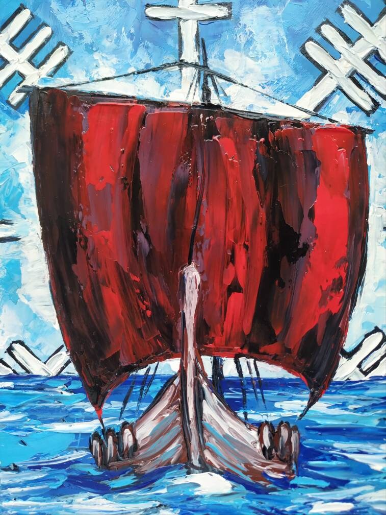 Viking Painting Viking Longship Oil Painting Aegishjalmur the Etsy