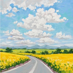 Vivid Canola Field Oil Painting: Countryside Landscape Art, 8x8&quot;