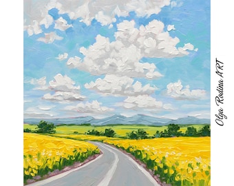 Vivid Canola Field Oil Painting: Countryside Landscape Art, 8x8"