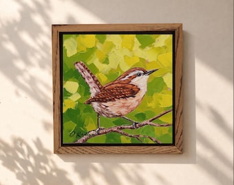 Wren Bird Painting Oil Original - Songbird Art - Carolina Wren Art