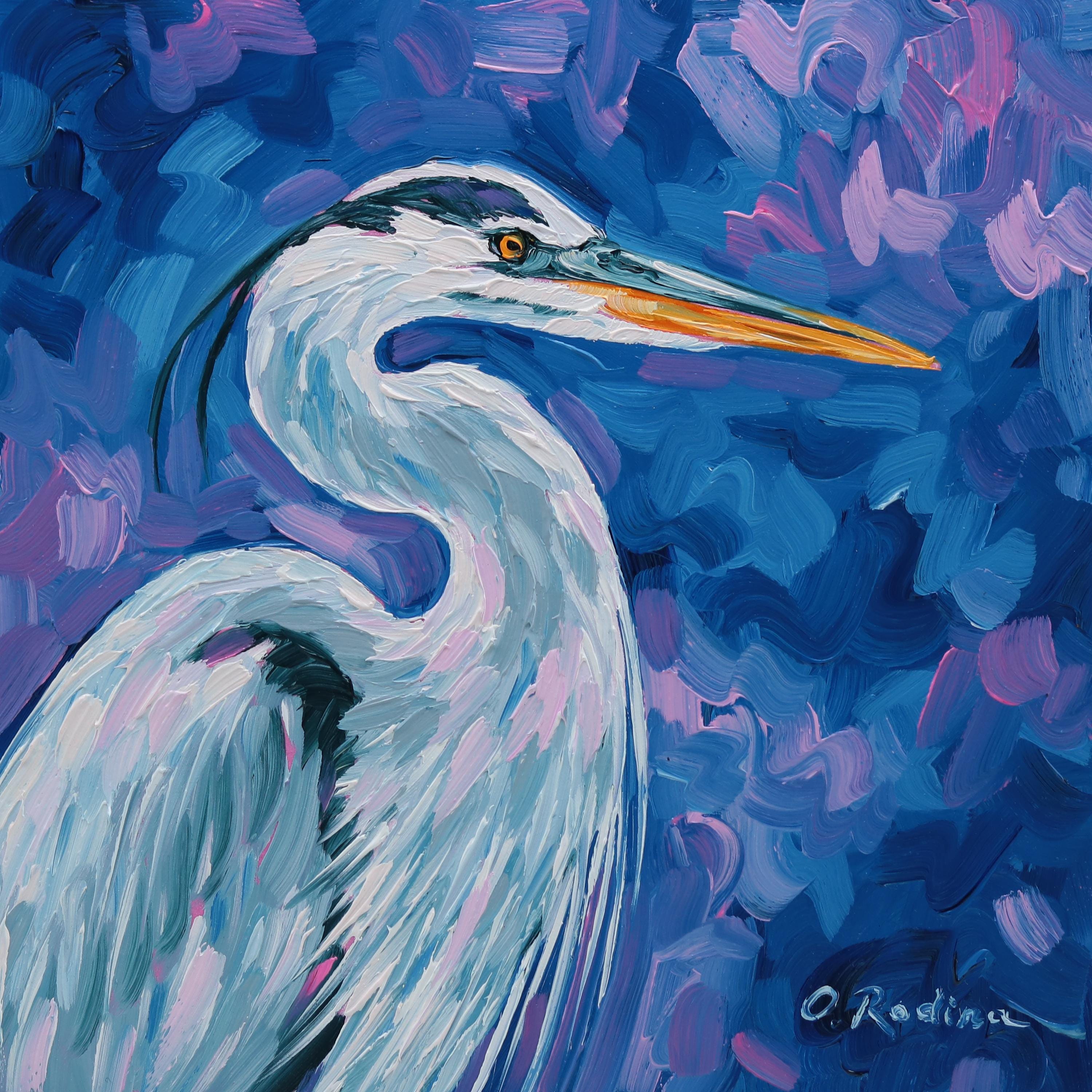 アオサギのオリジナル油絵 8x8インチ 鳥の壁掛けアート - 現代アート
