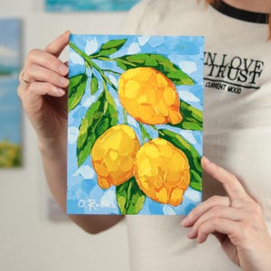 Lemon Branch Painting: Original Acrylic Palette Knife Art, 6x8&quot; Framed