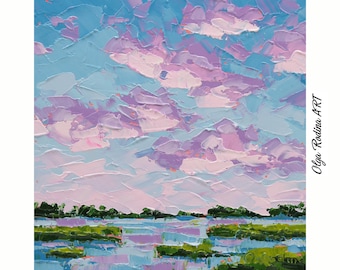 Sunset Over Marsh Painting Oil Original Low Country art Evening Sky Scenery Painting Marsh Landscape Art Small Abstract Painting Nature Art