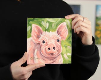 Pig Oil Painting Original – Small Farm Animal Portrait, Nursery Art