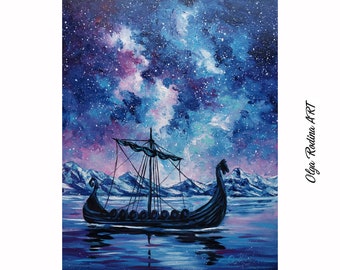 Drakkar Viking Ship Art Original Viking Longship Painting on canvas Starry Night Oil Painting Original Norse Mythology art Viking Wall Decor