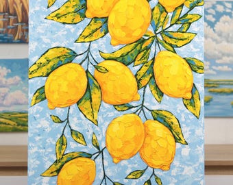 Lemon Painting Original: Palette Knife Citrus Fruit Kitchen Wall Art