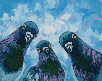 Pigeon Oil Painting Original, Three Birds Artwork, Impasto Bird Art, Colorful Wildlife Painting, Urban Nature Wall Decor, Bird Lover Gift