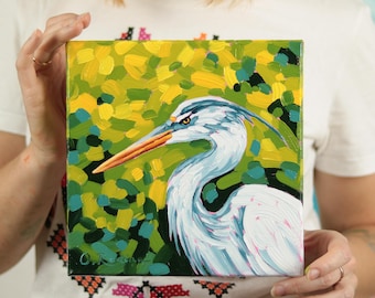 オオアオサギの絵画 沼地の動物 オリジナルアート 鳥 油絵 ArtSenya 作