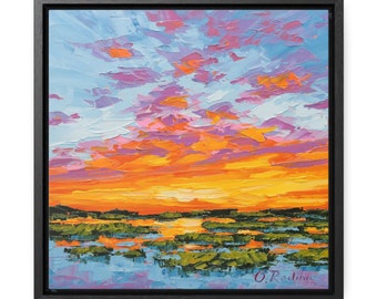 Sunset Over Marsh Art Print Framed Canvas - Landscape Wall Art - Low Country Oil Painting Print - Cottagecore Wall Art