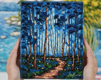Enchanted Forest with Fireflies Original Oil Painting, Magical Night Glow Wall Art, Mystical Woodland Art