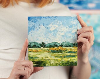 Original Oil Painting Small Abstract Landscape Prairie Palette Knife Art (6x6)