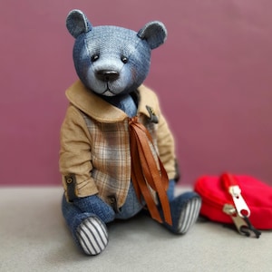 Handmade Denim Teddy Bear: OOAK Collectible Artist Bear