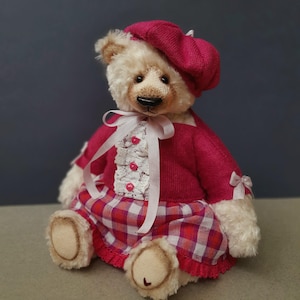 Handmade Polar Teddy Bear: OOAK Artist Bear with Knitted Beret