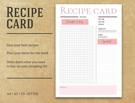 Printable Recipe Card Instant Download PDF US Letter A4 - Etsy