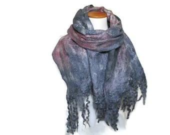 Grey felted scarf, merinos wool silk fiber, big scarf