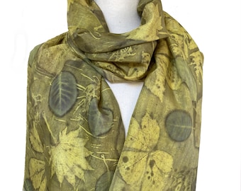 Bufanda de seda de color amarillo limón con estampado ecológico de hojas, chal único estampado a mano