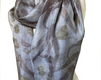 Grey blue ecoprint silk scarf