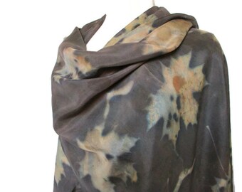 Bufanda de seda con estampado ecológico elegante de color marrón oscuro, chal con estampado de hojas, regalos ecológicos