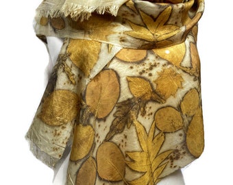 Yellow ecoprint silk scarf,  Leaf pattern, Hand printed present