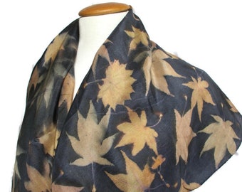 Navy blue ecoprint Silk Scarf Leaf Pattern Shawl Hand Dyed