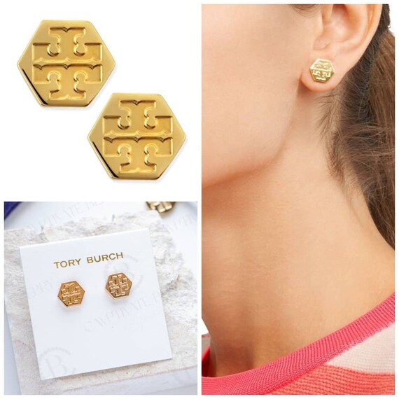 Tory Burch Hexagon Logo Stud Earrings Gold - Etsy Norway