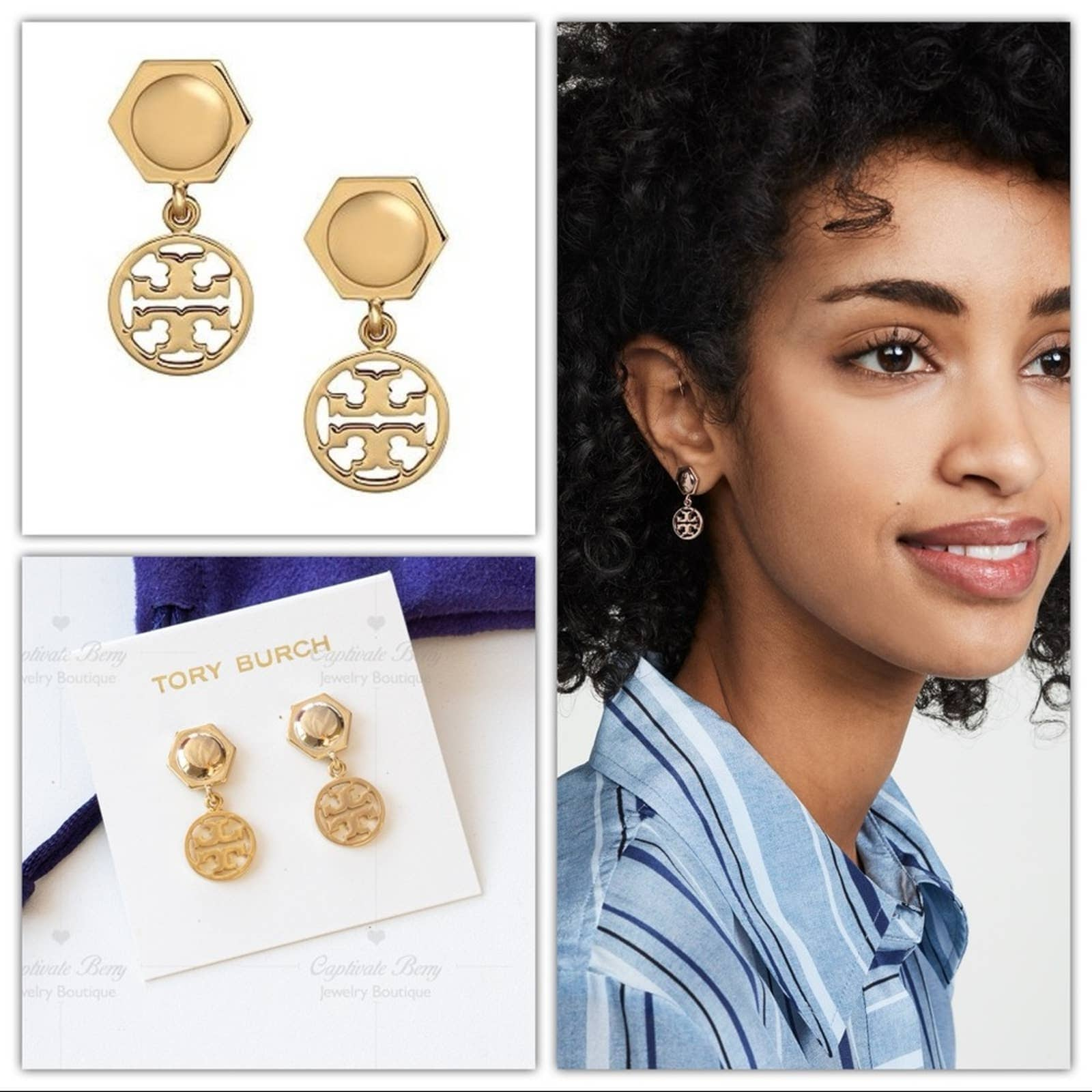 Tory Burch Hexagon Logo Circle Gold Drop Earrings NWT - Etsy